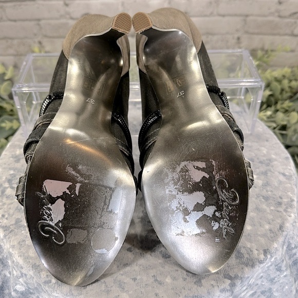 Diesel Palma Fossil Taupe Pewter Open Toe Suede/Satin Bootie Heels WMS 7M✨EUC✨ - Picture 9 of 11